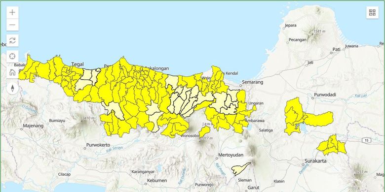 Peta prediksi sebaran hujan di Provinsi Jawa Tengah, Minggu (7/2/2021) dari BMKG