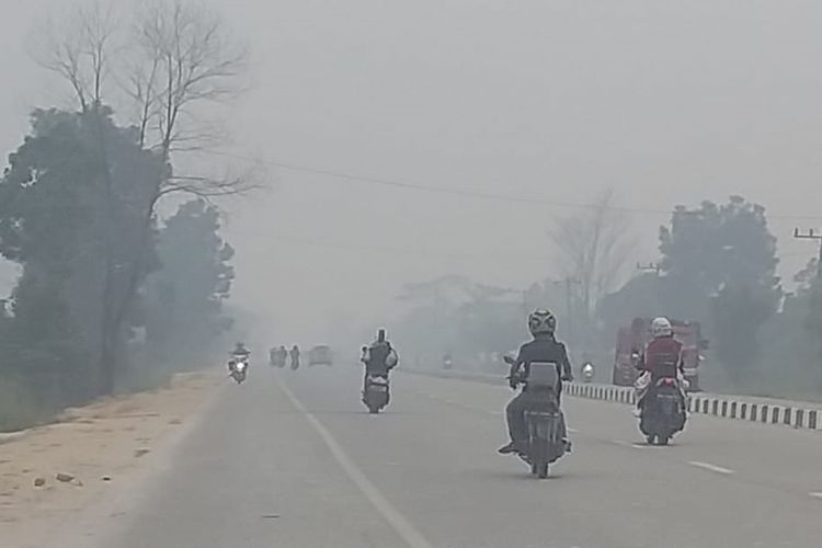 Kabut asap karhutla sangat pekat di jalan lintas Riau-Sumatera Barat di perbatasan Pekanbaru dengan Kabupaten Kampar, Riau, Kamis (12/9/2019).