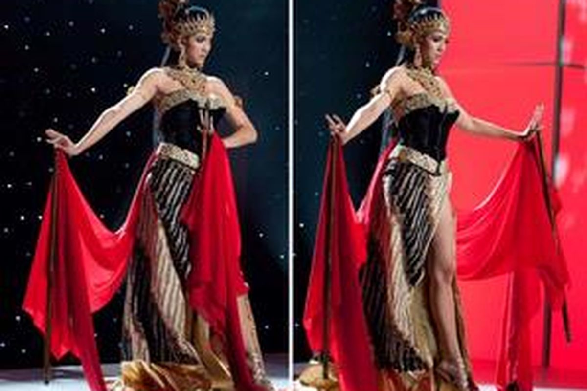 Nadine Alexandra Dewi Ames, 20, memeragakan busana nasional Wayang Golek saat pengambilan gambar busana nasional kontestan di karantina Miss Universe 2011, Sao Paulo, Brasil.