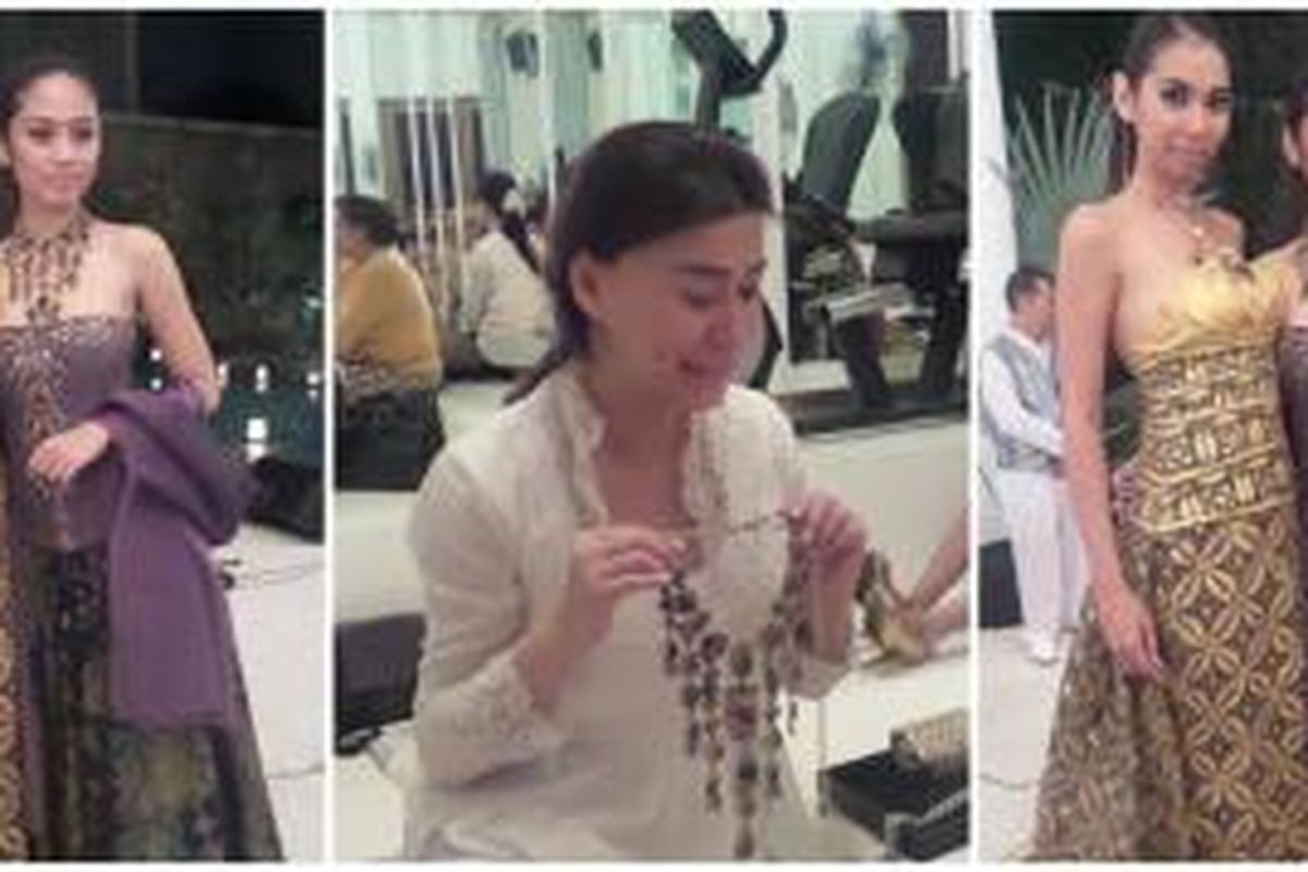Eliana Putri Antonio (tengah), pendiri Epa Jewel dan perhiasan koleksinya dipadukan dengan busana koleksi Poppy Dharsono di Sanur, Bali, Rabu (8/7/2015).