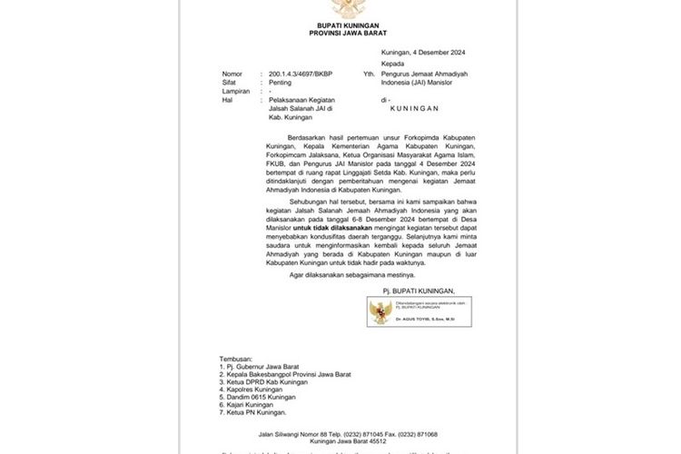 SK Bupati tentang larangan terhadap kegiatan Jalsah Salanah Jemaah Ahmadiyah Indonesia (JAI) yang direncanakan berlangsung di Desa Manislor, Kecamatan Jalaksana, pada Jumat hingga Minggu (6-8/12/2024).

