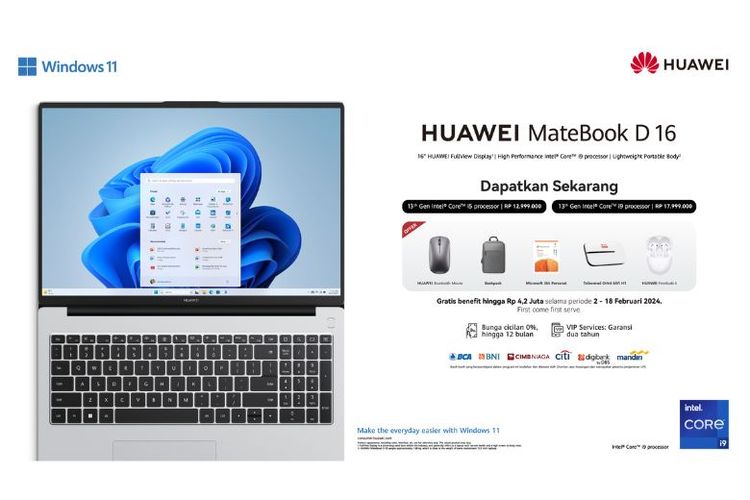 Untuk setiap pembelian HUAWEI MateBook D16, pelanggan akan mendapatkan keuntungan sebesar Rp 4,2 juta berupa backpack laptop, Microsoft 365 Personal, HUAWEI Mouse, gratis HUAWEI FreeBuds 5, dan MiFi.