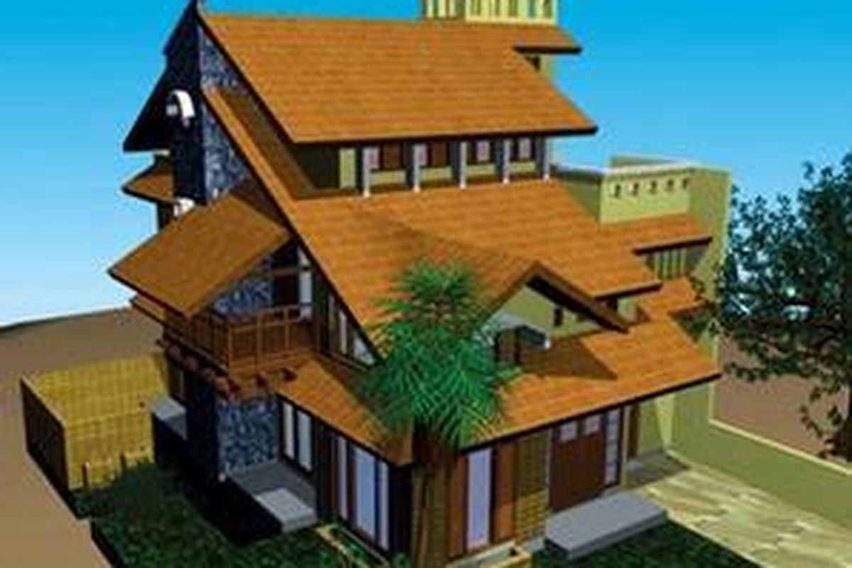 Pada aksonometri rumah ini, terlihat atap utama menggunakan struktur dinding sopi-sopi dan balok atap. Sedangkan bagian lainnya berupa atap tambahan/teritisan yang memakai balok konsol, misalnya pada balkon.