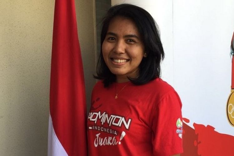 Pebulu tangkis ganda putri nasional, Nitya Krishinda Maheswari, berpose setelah mengikuti upacara untuk merayakan ulang tahun kemerdekaan Republik Indonesia di Rio de Janeiro, Brasil, Rabu (17/8/2016).