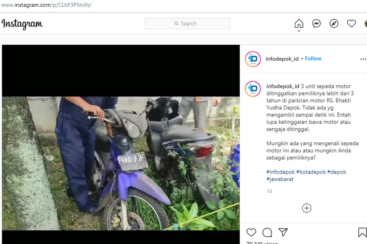 tangkapan layar tiga sepeda motor parkir lebih dari tiga tahun di RS Bhakti Yudha, Depok, Jawa Barat (Jabar).