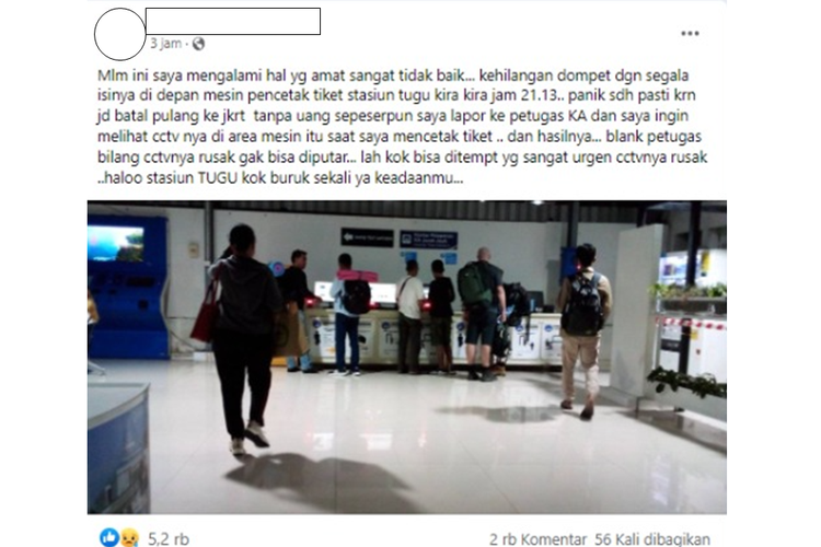Tangkapan layar unggahan dari seorang penumpang kereta api (KA) yang mengaku kehilangan dompet di area Stasiun Yogyakarta.