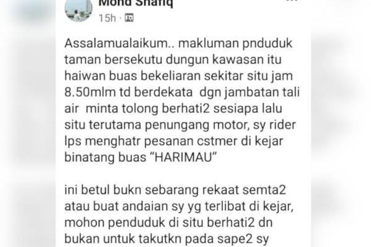Unggahan Mohd Shafiq Mamat di Facebook. Kurir FoodPanda Malaysia itu dikejar harimau di Dungun, Terengganu, Malaysia, usai mengantar paket pada Rabu (9/3/2022) malam.