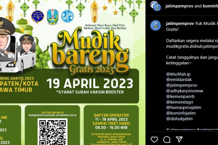 Pemprov Jatim telah membuka pendaftaran mudik gratis secara online mulai 27 Maret 2023.