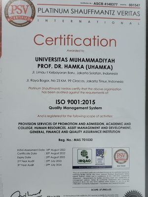 Uhamka mendapatkan sertifikat Quality Management System International Standard Organization (ISO) 9001: 2015 dari Platinum Shauffmantz Veritas.