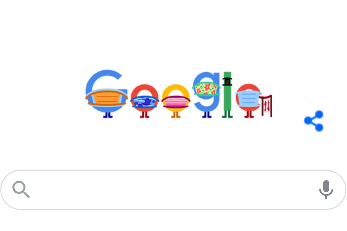 Animasi Google Doodles mengenakan masker ganda. Terlihat salah satu animasi memperagakan melepas salah satu lapis maskernya.
