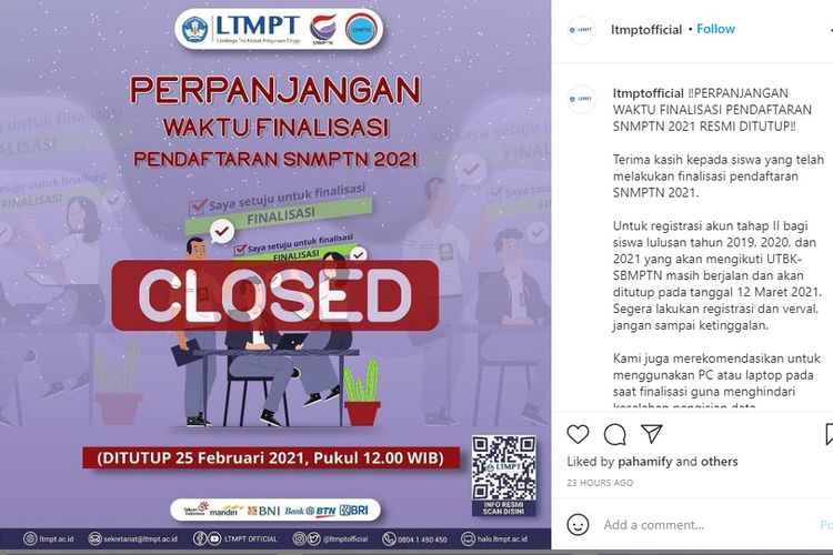 Tangkapan layaran penutupan pendaftaran SNMPTN 2021.