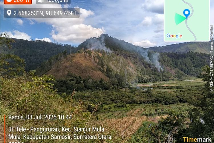 Penampakan sisa kebakaran hutan dan lahan (Karhutla) terjadi Menara Pandang Tele, Desa Partungko Naginjang, Kecamatan Harian, Kabupaten Samosir, Sumatera Utara,Kamis  (3/7/2025).