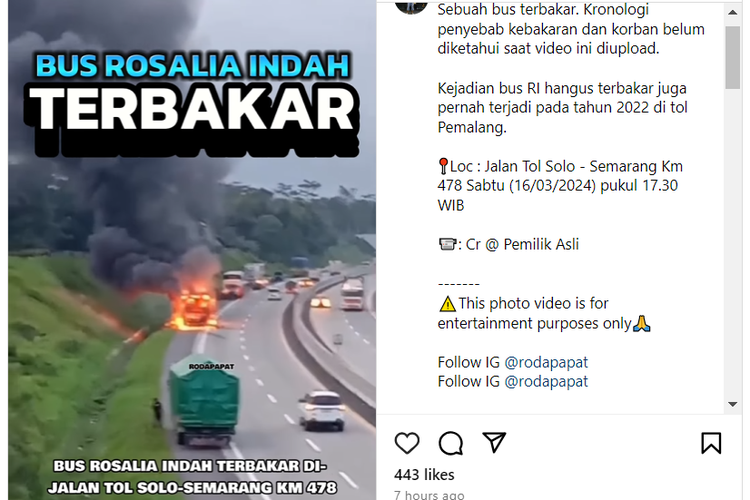 Cuplikan video bus Rosalia Indah terbakar di jalan tol