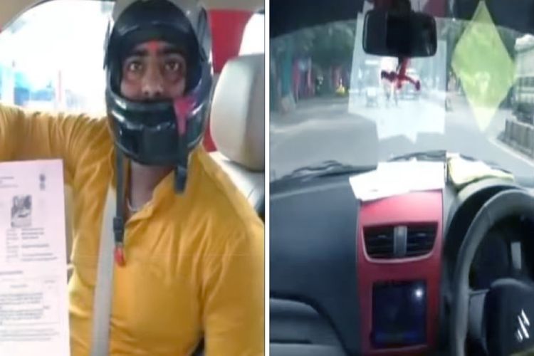 Tangkapan layar dari video pria India yang bingung karena ditilang akibat menyetir mobil tak memakai helm, di Kanpur, Uttar Pradesh.