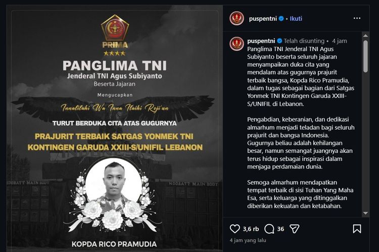 Prajurit TNI Rico Pramudia yang Gugur di Lebanon Naik Pangkat Kopda Anumerta 