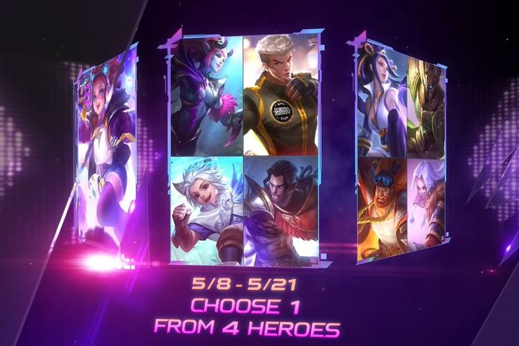 Ilustrasi pemilihan 1 dari 4 hero Mobile Legends gratis pada periode 8 - 21 Mei.
