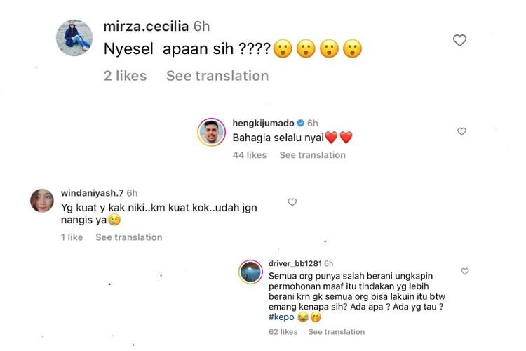 Sejumlah komentar netizen yang merespons postingan misterius Nikita Mirzani