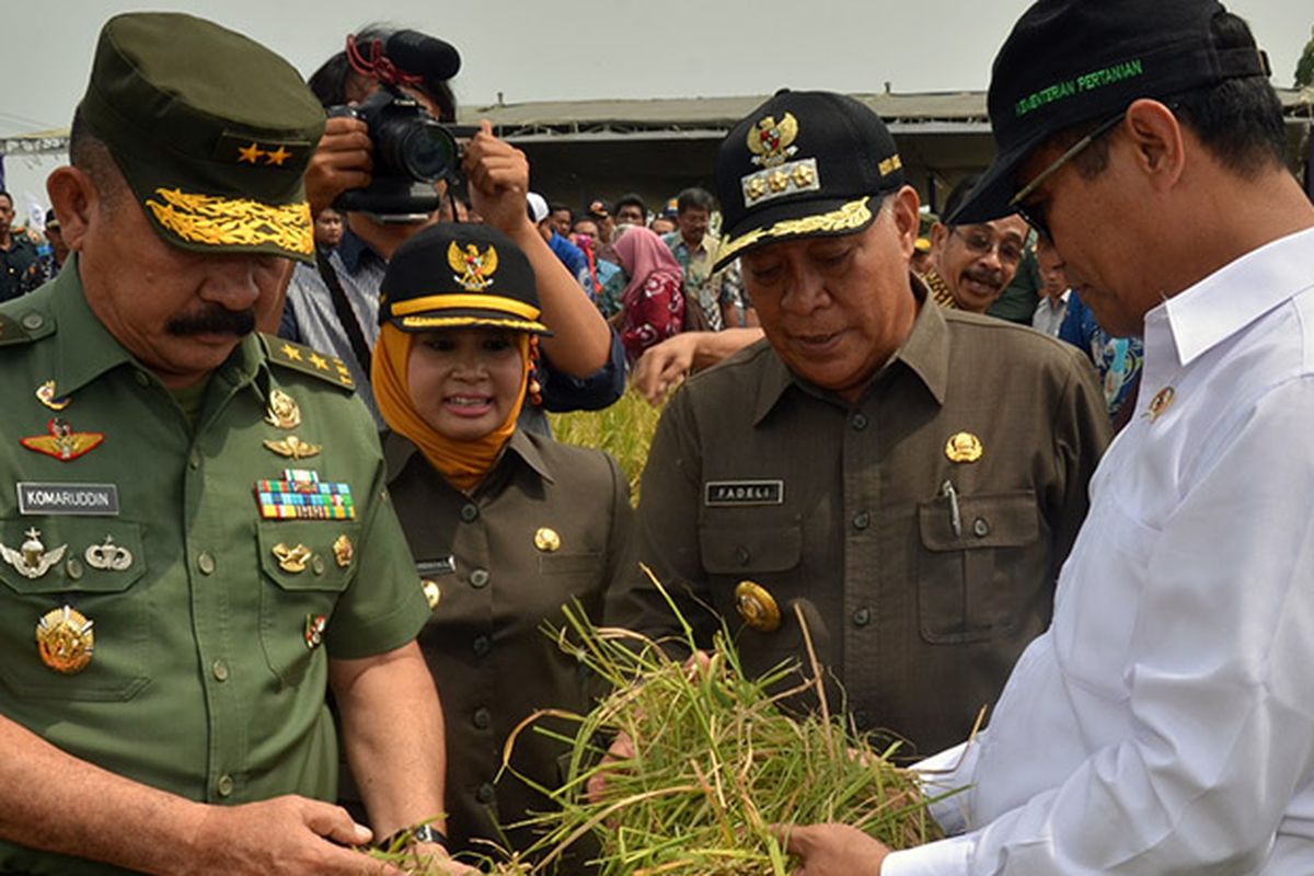 Menteri Pertanian Amran Sulaiman (kanan) bersama Aster KASAD Mayjend TNI Komaruddin Simanjuntak (kiri), dalam acara Panen Raya Padi dan Serap Gabah Petani di Desa Tritunggal, Kecamatan Babat, Lamongan.