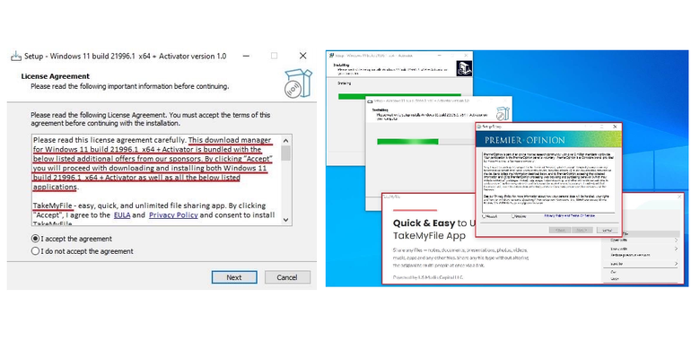 Tampilan jendela perjanjian palsu Windows 11 preview (kiri) dan tampilan program berbahaya yang berhasil ter-install di perangkat (kanan).