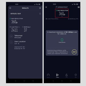 Hasil tes video jaringan 4G by.U di aplikasi Speedtest, menunjukkan resolusi maksimum terbaik ialah di 360p.