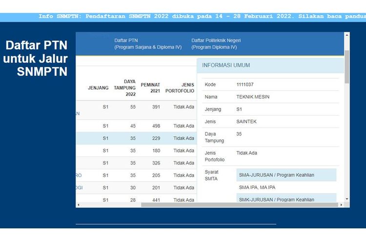 Tangkapan layar laman LTMPT tentang cara cek kuota prodi SNMPTN 2022