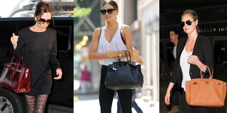 Victoria Beckham, Miranda Kerr, dan Kate Upton, mengenakan tas Hermes Birkin