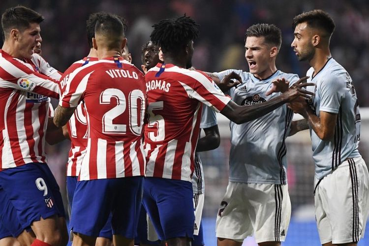Friksi antar-pemain sempat terjadi pada laga Atletico Madrid vs Celta Vigo dalam lanjutan Liga Spanyol di Stadion Wanda Metropolitano, 21 September 2019. 