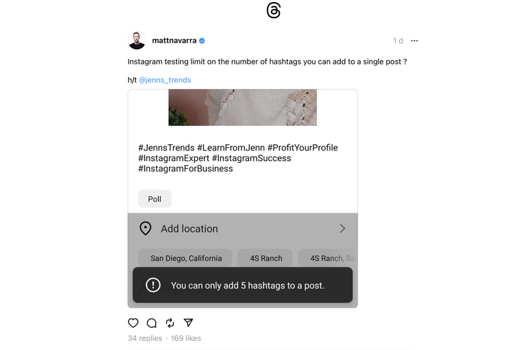 Tangkapan layar (screenshot) soal fitur baru di Instagram. Induk Meta dikabarkan tengah membatasi jumlah hashtag dalam unggahan IG