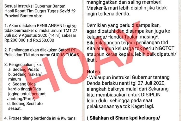 Tangkap layar isi pesan berantai terkait denda masker 