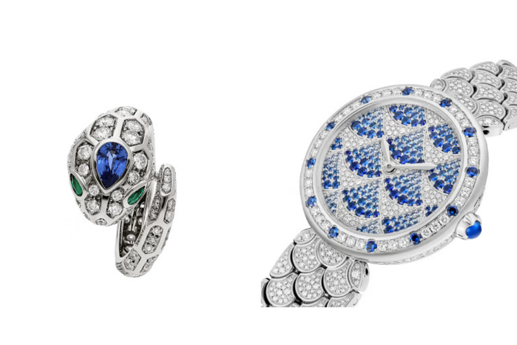 Beberapa contoh pemakaian blue sapphire sebagai cincin dan jam tangan dari jenama Bulgari. 