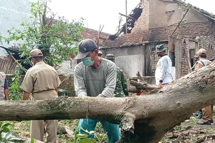 POTONG—Warga memotong pohon angsana yang menimpa rumah Wari Setyorini, warga Desa Wonoasri, Kecamatan Wonoasri, Kabupaten Madiun, Jawa Timur, Senin (1/11/2021). Rumah