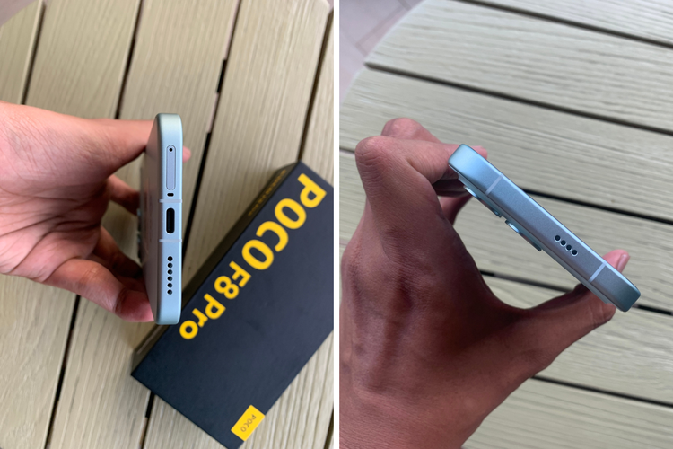 Poco F8 Pro hanya dibekali dual speaker, speaker bawah (kiri) dan speaker atas (kanan).