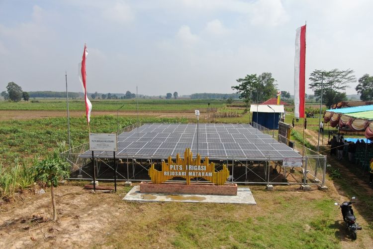 PLTS Irigasi yang dibangun oleh PT Bukit Asam Tbk (PTBA) di Kampung Rejosari Mataram, Kecamatan Seputih Mataram, Kabupaten Lampung Tengah, Rabu (15/11/2023).

