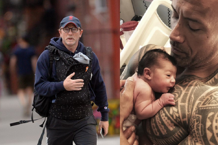 Daniel Craig dan The Rock menggendong bayi