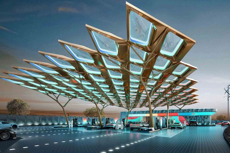Stasiun pengisian energi di masa depan yang dipamerkan di Dubai 2020, berisi pengisian listrik, turbin angin dan panel surya.