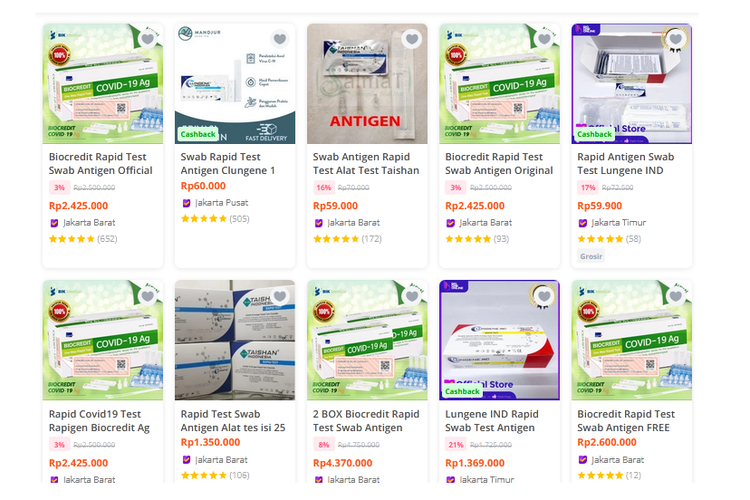 Marak penjualan alat tes rapid antigen di toko online.