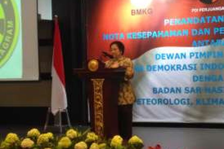 Megawati Soekarnoputri memberikan pidatonya di Badan Sar Nasional, Jakarta, Rabu (24/8/2016)