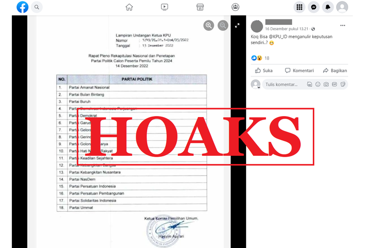 Tangkapan layar unggahan dengan narasi hoaks di sebuah akun Facebook, Jumat (16/12/2022), soal  KPU menganulir keputusannya sendiri terkait nomor urut parpol Pemilu 2024. Faktanya, daftar itu adalah surat undangan, bukan penetapan nomor urut.