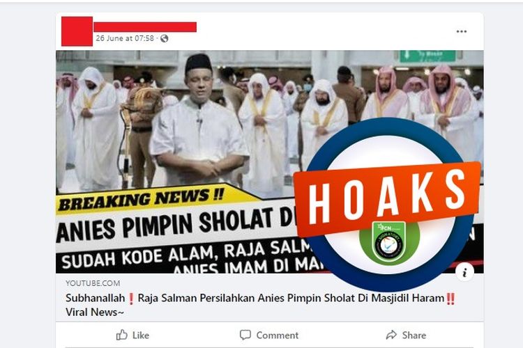 Tangkapan layar Facebook narasi yang menyebut Anies Baswedan menjadi imam di Masjidil Haram