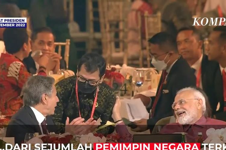 Wishnutama bersama Perdana Menteri India Narendra Modi dan Menteri Luar Negeri AS Anthony Blinken saat jamuan makan malam KTT G20 di Taman Budaya Garuda Wisnu Kencana, Bali, Selasa (15/11/2022).