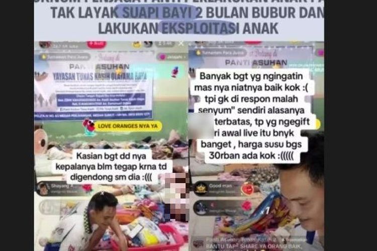 Rekaman penjaga Panti Asuhan Tunas Kasih Olayama Raya Medan saat menyuapi anak bayi dua bulan dengan bubur viral di sosial media, Selasa (19/9/2023).