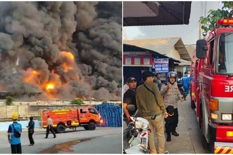 Sebuah pabrik alumunium foil di Gunungputri, Kabupaten Bogor, ludes terbakar. Puluhan unit pemadam kebakaran diterjunkan ke lokasi, Jumat (19/8/2022) 


