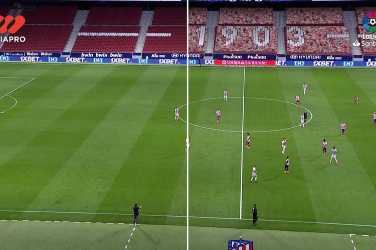 Perbedaan antara di dalam stadion (kiri) dengan yang ditampilkan lewat layar kaca (kanan).