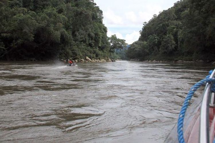 Speed boad melintasi rute Tiong Ohang ke Long Bagun di sepanjang sungai Mahakam, Kabupaten Mahakam Hulu, Kalimantan Timur.