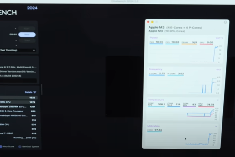 MacBook Air M3 15 Inci menjalankan pengujian Cinebench dengan temperatur yang tembus 114 derajat Celcius.