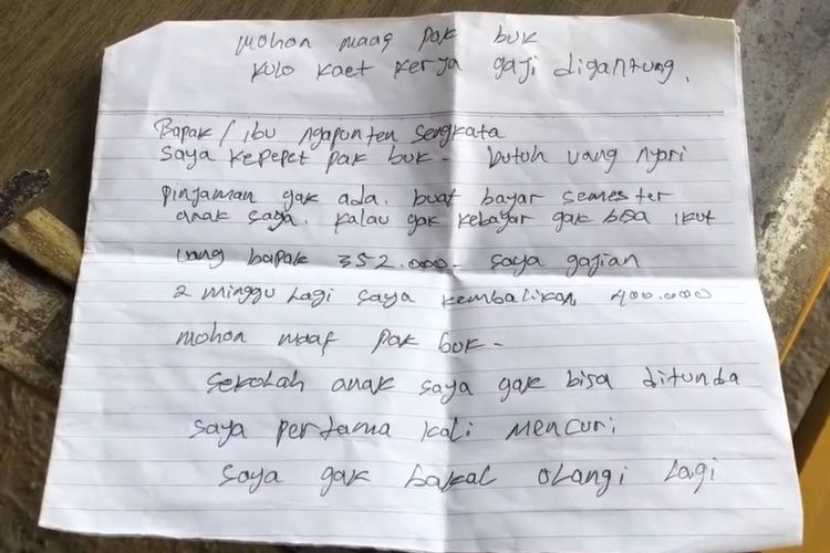 Pencuri di Mojokerto Kirim Surat Permintaan Maaf, lalu Kembalikan Uang