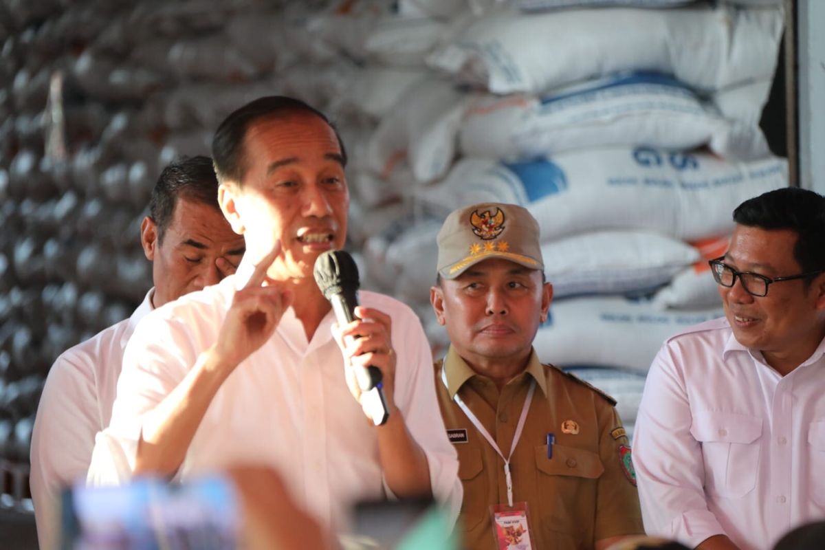 Presiden Joko Widodo (Jokowi) di Gudang Perum Badan Urusan Logistik (Bulog), Palangkaraya, Rabu (26/6/2024). 