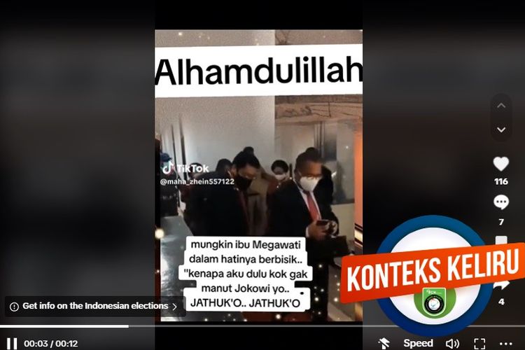 Tangkapan layar TikTok narasi yang menyebut Megawati bertemu dengan Gibran usai pemungutan suara Pilpres 2024