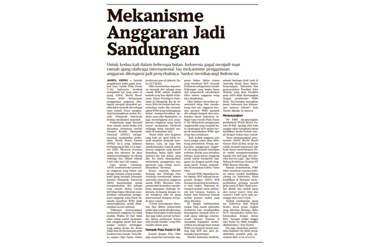 Tangkap layar artikel harian Kompas edisi 6 Juli 2023 berjudul Mekanisme Anggaran Jadi Sandungan, yang mengupas pengunduran diri Indonesia menjadi tuan rumah World Beach Games 2023. 