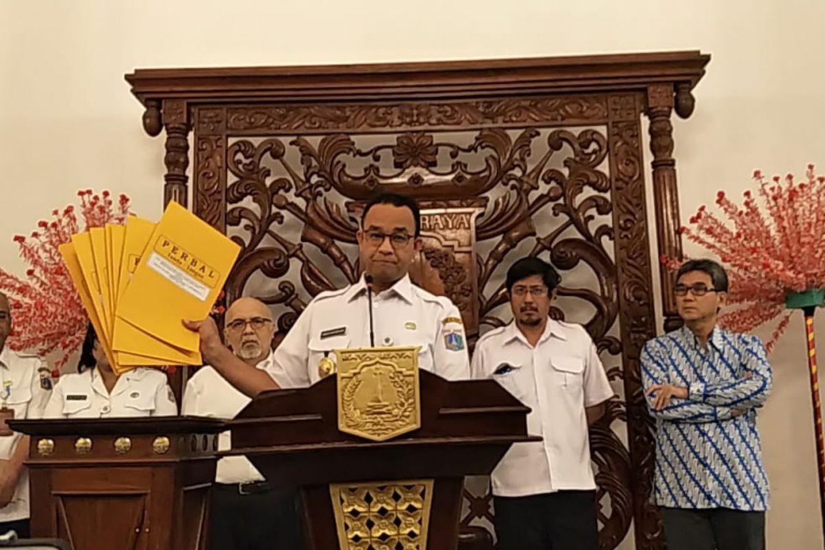 Gubernur DKI Jakarta Anies Baswedan saat konferensi pers pengentian proyek reklamasi Teluk Jakarta di Balai Kota DKI Jakarta, Jalan Medan Merdeka Selatan, Rabu (26/9/2018).